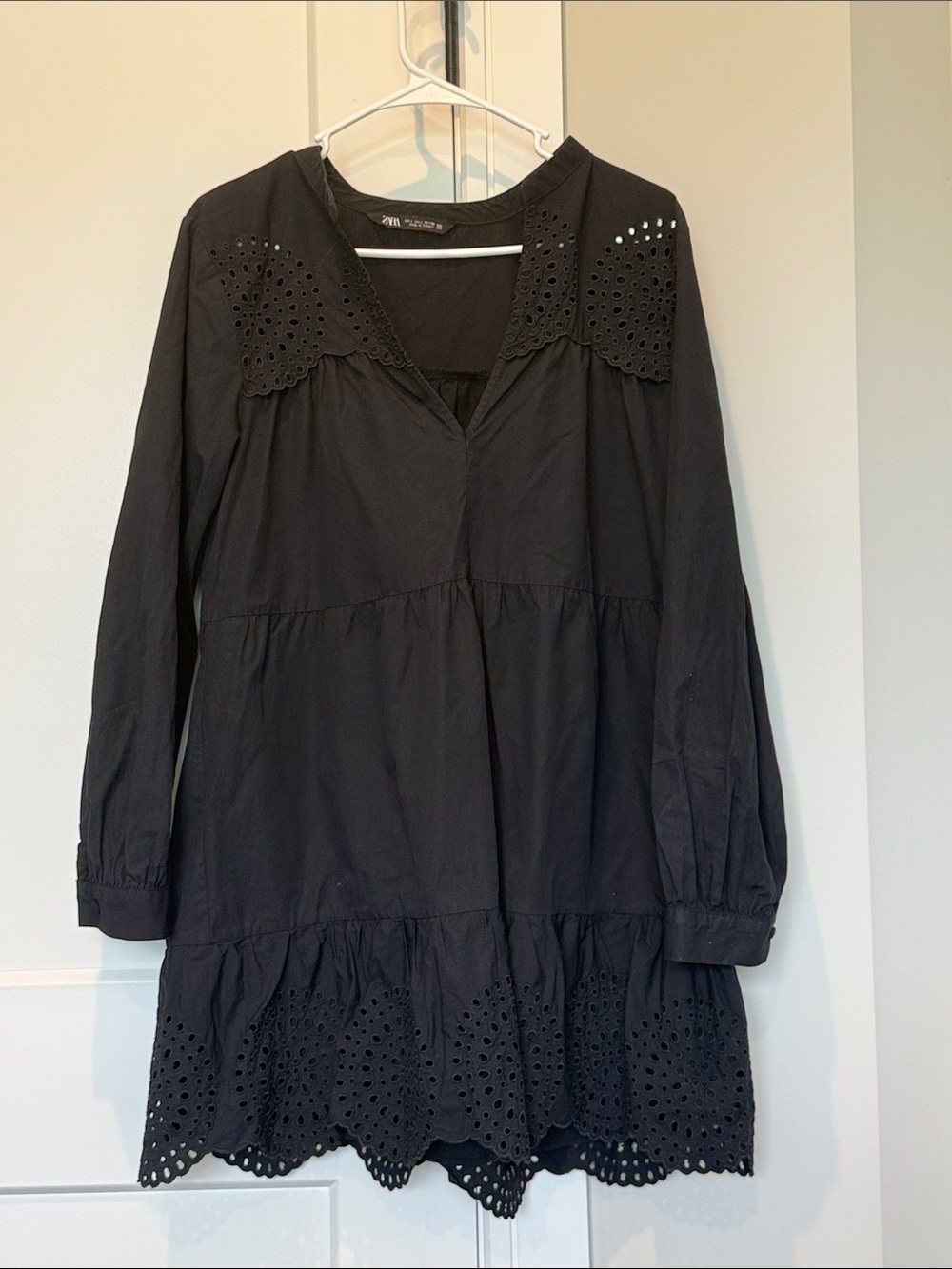 Zara Black Long Sleeve Eyelet-Trim Tiered Dress